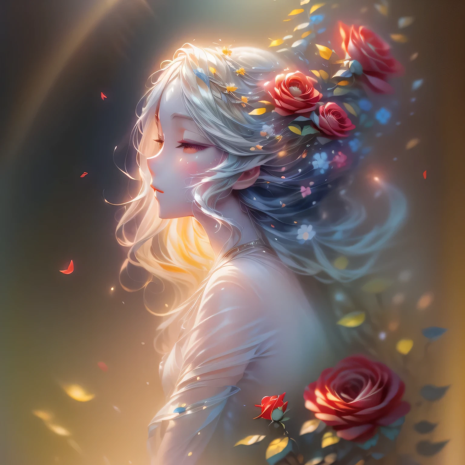 (Profile beauty,Long colored hair,close your eyes,masterpiece roses),Rainbow background, (figure:1.2,Paper Art:1.2, Tangled:1.2, 3D Rendering),(highest quality, Detailed explanation, masterpiece, Official Art, Lighting Effects, 4K, Chiaroscuro)