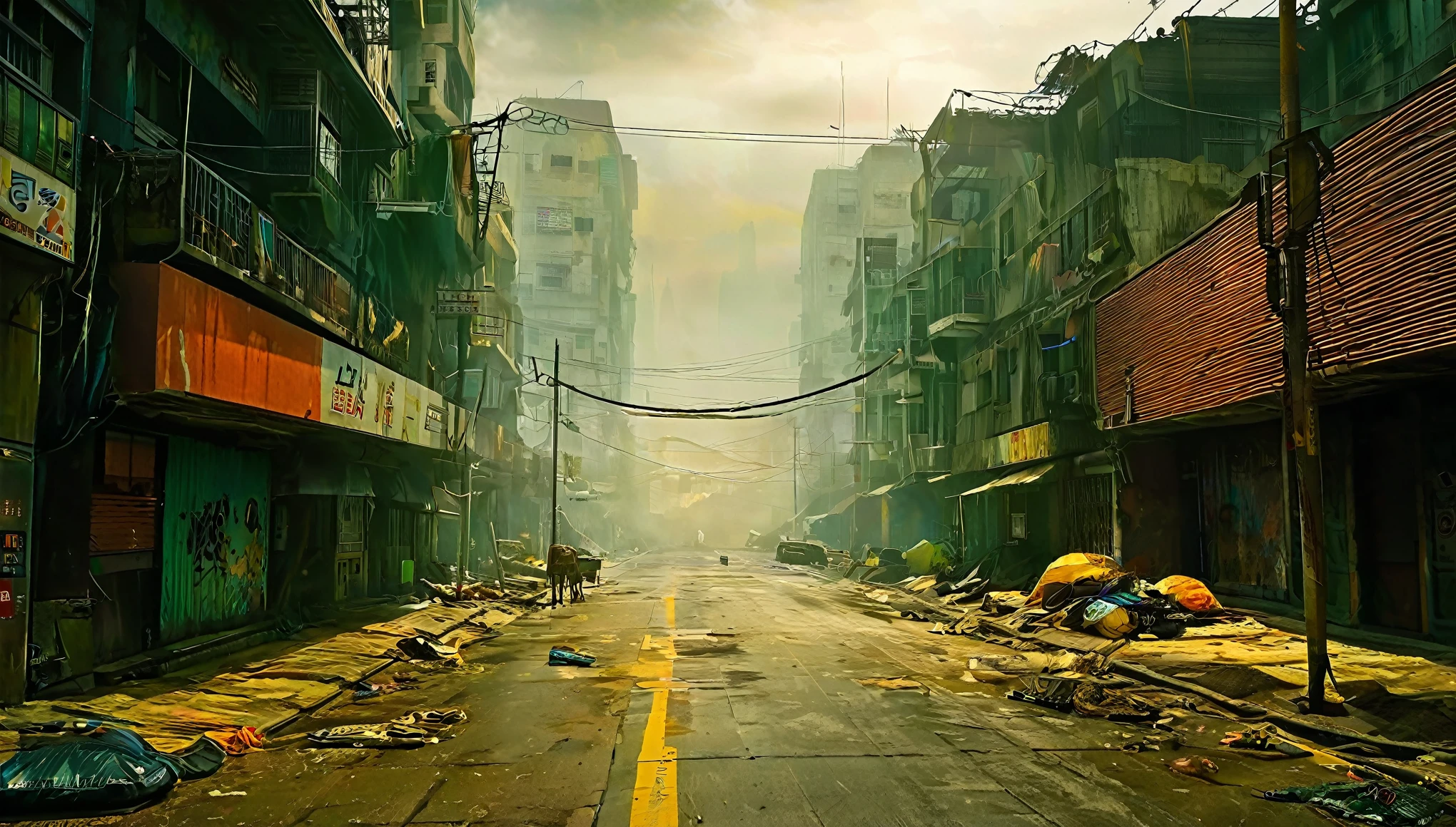 paisaje futurista oscuro, Atmospheric fog, ciudad futurista, calles sucias y concurridas con tiendas abiertas, basura en la calle, Edificios en ruinas, rascacielos (postapocalyptic city:1.3)