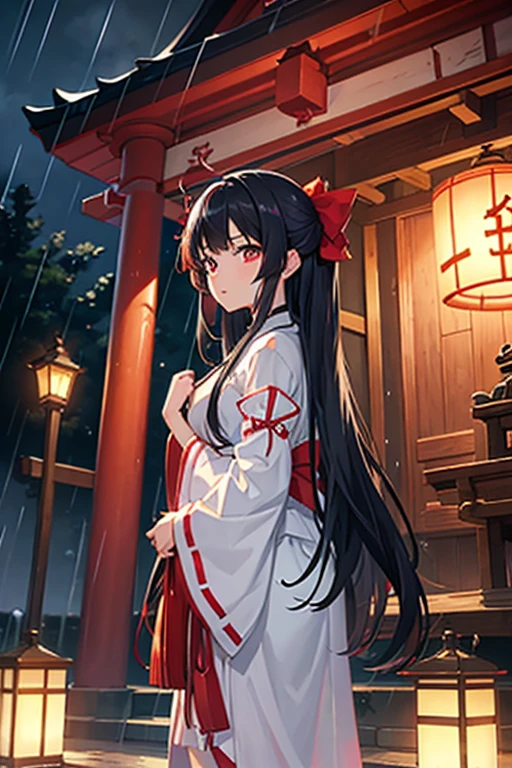 Shrine maiden, shrine, night, rain, Black Hair, long, beautiful girl, Small breasts
