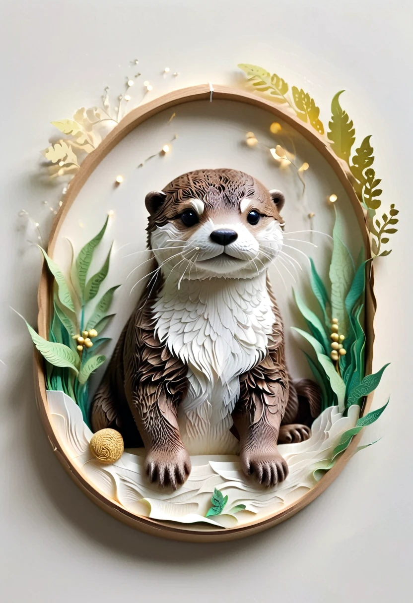 (paper art,layered paper art,Roll paper,Decoupage,Paper carving),Intricate details, Lifelike Otter,，Simple background,  (soft light, Bokeh)