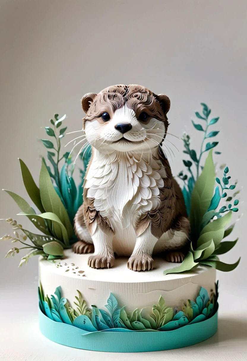 (paper art,layered paper art,Roll paper,Decoupage,Paper carving),Intricate details, Lifelike Otter,，Simple background,  (soft light, Bokeh)