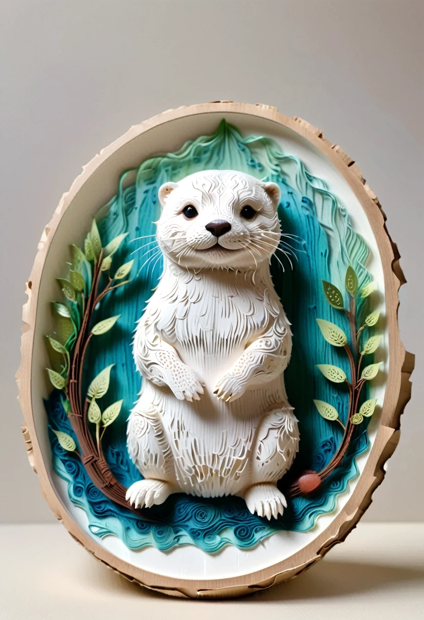 (paper art,layered paper art,Roll paper,Decoupage,Paper carving),Intricate details, Lifelike Otter,，Simple background,  (soft light, Bokeh)