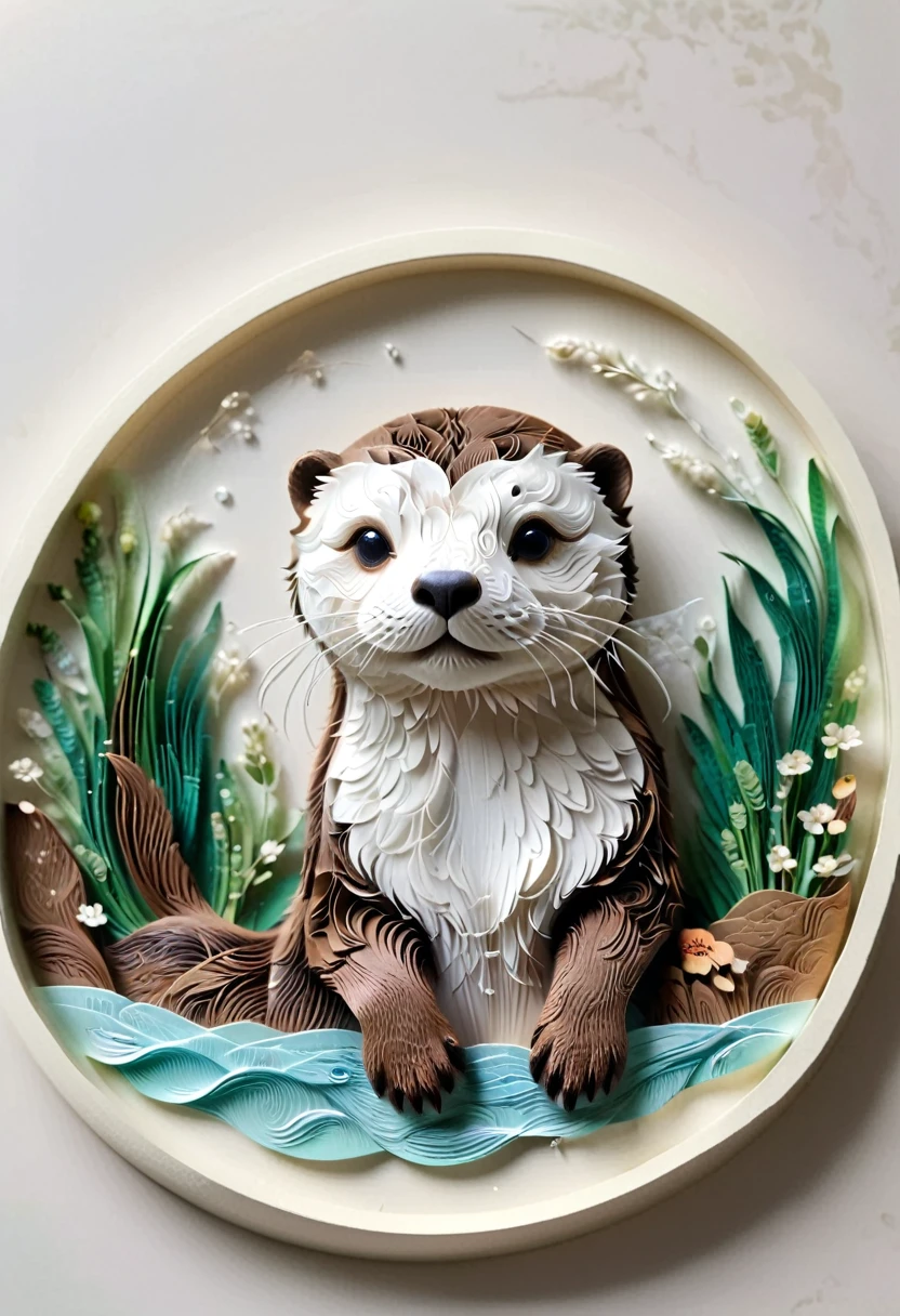 (paper art,layered paper art,Roll paper,Decoupage,Paper carving),Intricate details, Lifelike Otter,，Simple background,  (soft light, Bokeh)