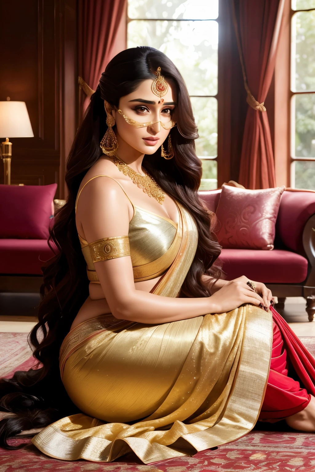 Photo of Kareena Kapoor, raw, Bollywood beauty, (Long wavy black hair, reminiscent of Kapoor's signature style), ((Portrait)), ((Detailed face:1.2)), ((detailed facial features)), (finely detailed skin), tan, , wrapped in a saree, Living room environment, Seated on the floor, (Warm color), detailed, Reflector, (Masquerade) (perfect proportions)(photos realistic)(Best Quality) (Detailed) photographed in a Canon EOS R5, 50mm Lens, F/2.8, nffsw, (8K) (Wallpaper) (C