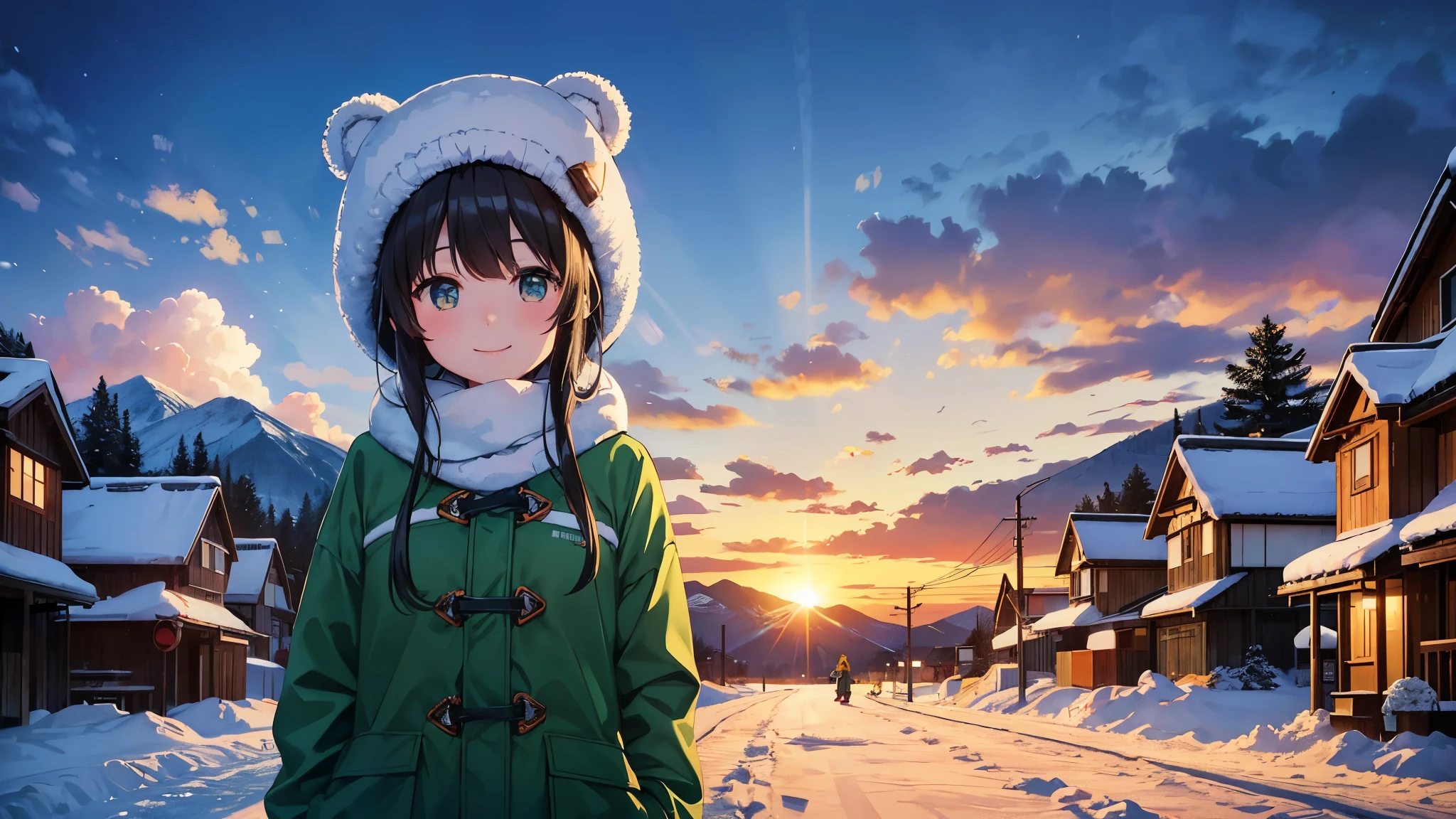 At sunset in winter、Snow-covered mountain town in the background、A smiling young woman wearing a bear-shaped hat is standing facing forward。She is wearing a green jacket and sweater.、With my face turning red from the cold air、Looking at the camera with a bright expression。Other tourists are seen strolling around the town's main street.。The art style is anime-like.、Characterized by soft winter light and detailed snowy scenery。