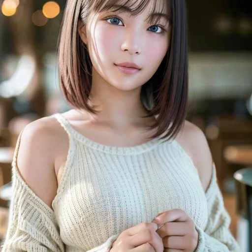 (8K, raw photo: 1.2), detailed face and eyes, top quality, super high resolution, highly detailed, intricate detail, sharp focus, high quality, blonde, out, knit, cafe, eating well, girl