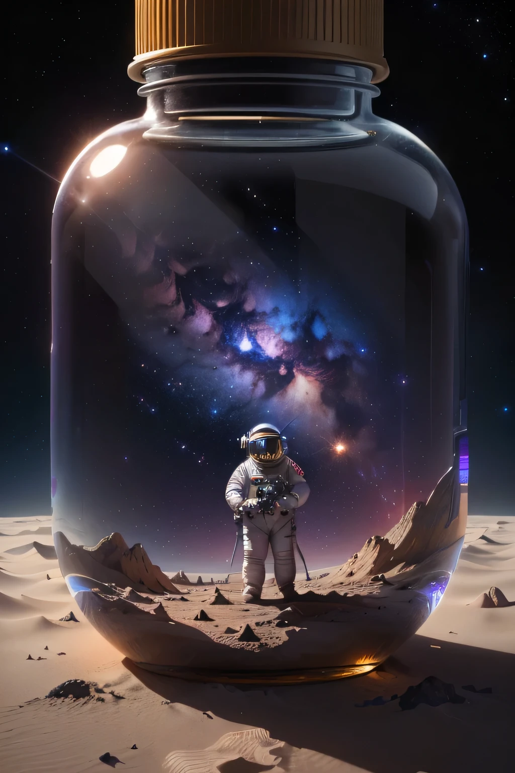 there is a small astronaut in a jar on the surface of the moon,  astronaut, astronaut lost in liminal space, Milky Way in a Bottle, Looking into space, Amazing wallpapers, astronaut stranded on planet, Dreams in a Jar, Hyperreal space, Amazing space creatures 4k, Lost in the milky void, Found in space, Look at the universe