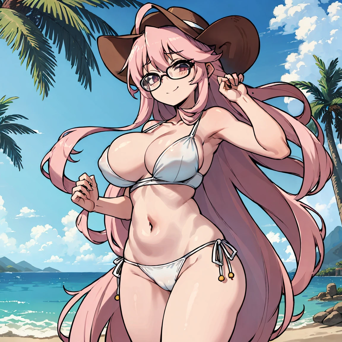 (masterpiece, best quality:1.2), cowboy shot, (solo), (1girl):1.5, glasses, long fluffy pink hair, hair blowing, gorgeous body, wide hips, slight smile, (elegant swimswit), navel exposed, mid breasts, breasts niples, cameltoe, under palm trees on a windy beach.