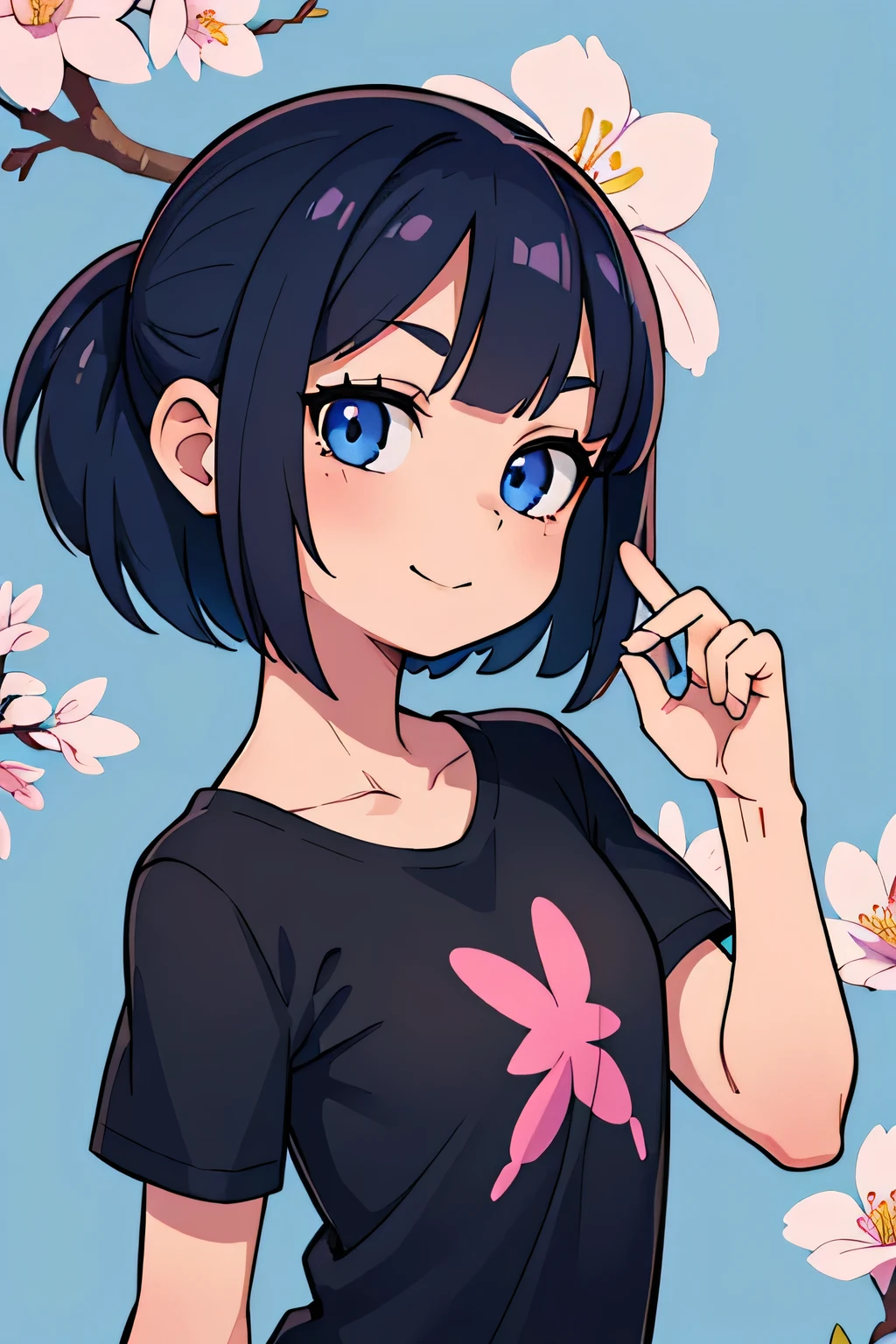 (Ultra bright color, Masterpiece, Best quality, blossom, Warm, soft light, modern, Hi-tech), 1 girl, One, standing tall, (background:1.4), black T-shirt without print, beautiful detailed face, slight smile, (blue) Medium hair, (detailed (blue) Ruby eyes), young, small breasts