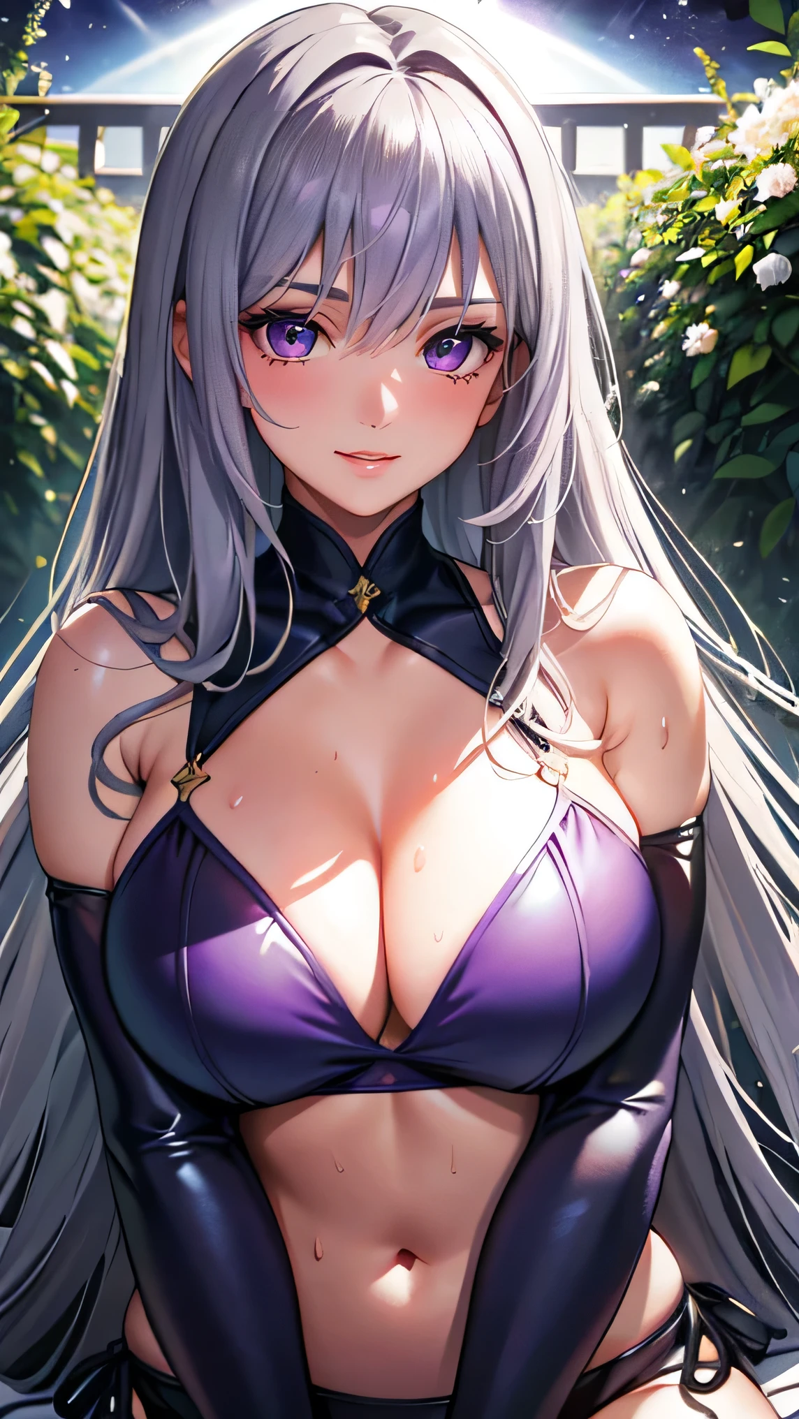 (Hyper-realistic, High Contrast, Ultra-Detailed), 1 girl, Solo, Very Expressive Gray Hair, Long and Curly, Purple Eye Makeup with Shimmering Purple Eyes, Wearing a Shimmering Purple Bikini, Dripping with Sweat, Lips Parted in a Blushing Smile, Underneath the Moonlight, Surrounded by a Garden of Blooming Night Flowers and Rays of Sunlight Peeking Through. There's also a Distinct Mole in Her Cleavage, Adding a Subtle Touch of Character.