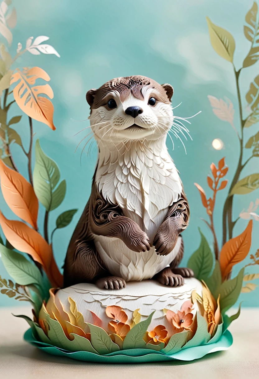 (paper art,layered paper art,Roll paper,Decoupage,Paper carving),Intricate details, Lifelike Otter,，Simple background,  (soft light, Bokeh)