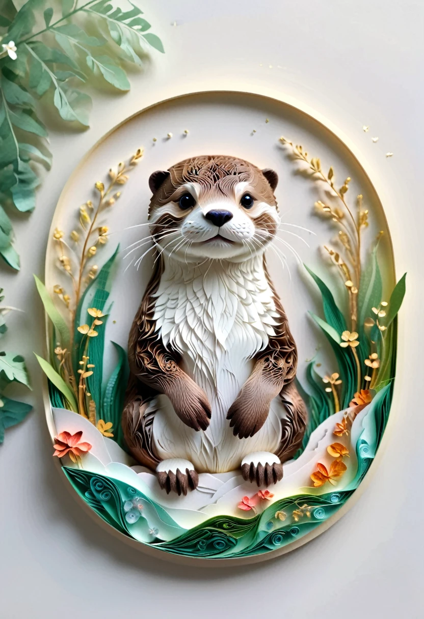 (paper art,layered paper art,Roll paper,Decoupage,Paper carving),Intricate details, Lifelike Otter,，Simple background,  (soft light, Bokeh)