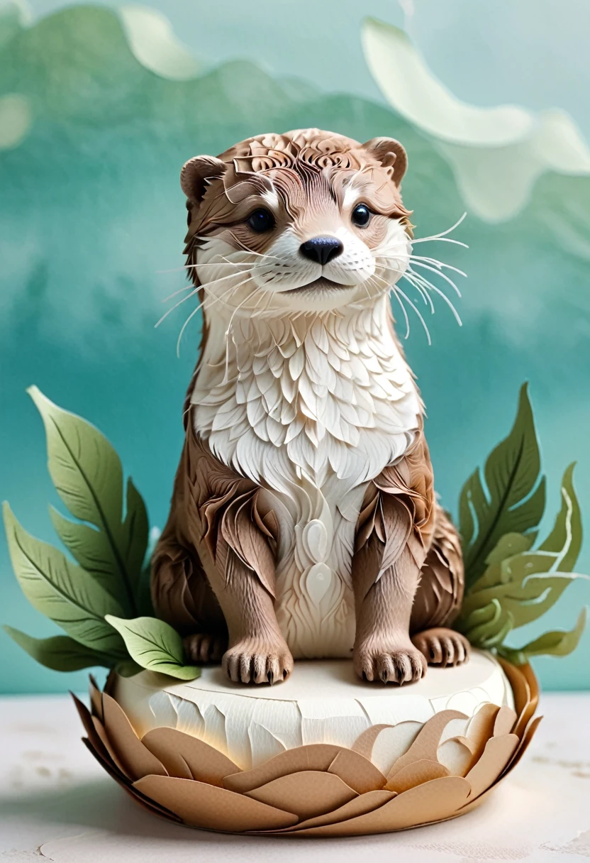 (paper art,layered paper art,Roll paper,Decoupage,Paper carving),Intricate details, Lifelike Otter,,Simple background, (soft light, Bokeh)