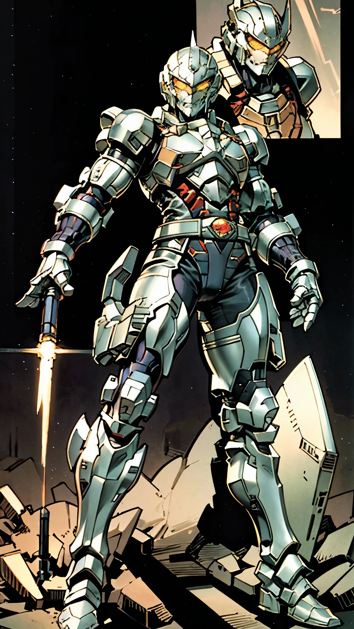 A man wearing a full-face helmet, a fantasy-style biotech armored combat suit, green eyes, (a composite layered chest armor), fully enclosed shoulder guards, matching arm and leg guards, the belt is adorned with fangs biting into orbs, (the color scheme is primarily black with red accents), the design balances heavy with agility, a high-tech bio-mecha armor, (Armor Concept Inspired by Wolf, stand on the top of a skyscraper in a futuristic sci-fi city), this character embodies a finely crafted fantasy-surreal style armored hero in anime style, exquisite and mature manga art style, (element, plasma, energy, the armor glows), ((male:1.5)), metallic, real texture material, dramatic, high definition, best quality, highres, ultra-detailed, ultra-fine painting, extremely delicate, professional, perfect body proportions, golden ratio, anatomically correct, symmetrical face, extremely detailed eyes and face, high quality eyes, creativity, RAW photo, UHD, 32k, Natural light, cinematic lighting, masterpiece-anatomy-perfect, masterpiece:1.5