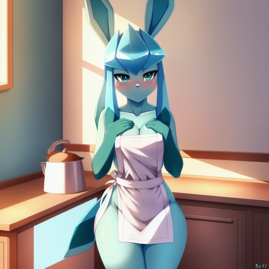 Glaceon,furry,Bust 87,Waist 57,Thigh 86,Good resolution,Put your hand on your chest.,Apron set,Good light and shadow details,shade,sexy body,blushing