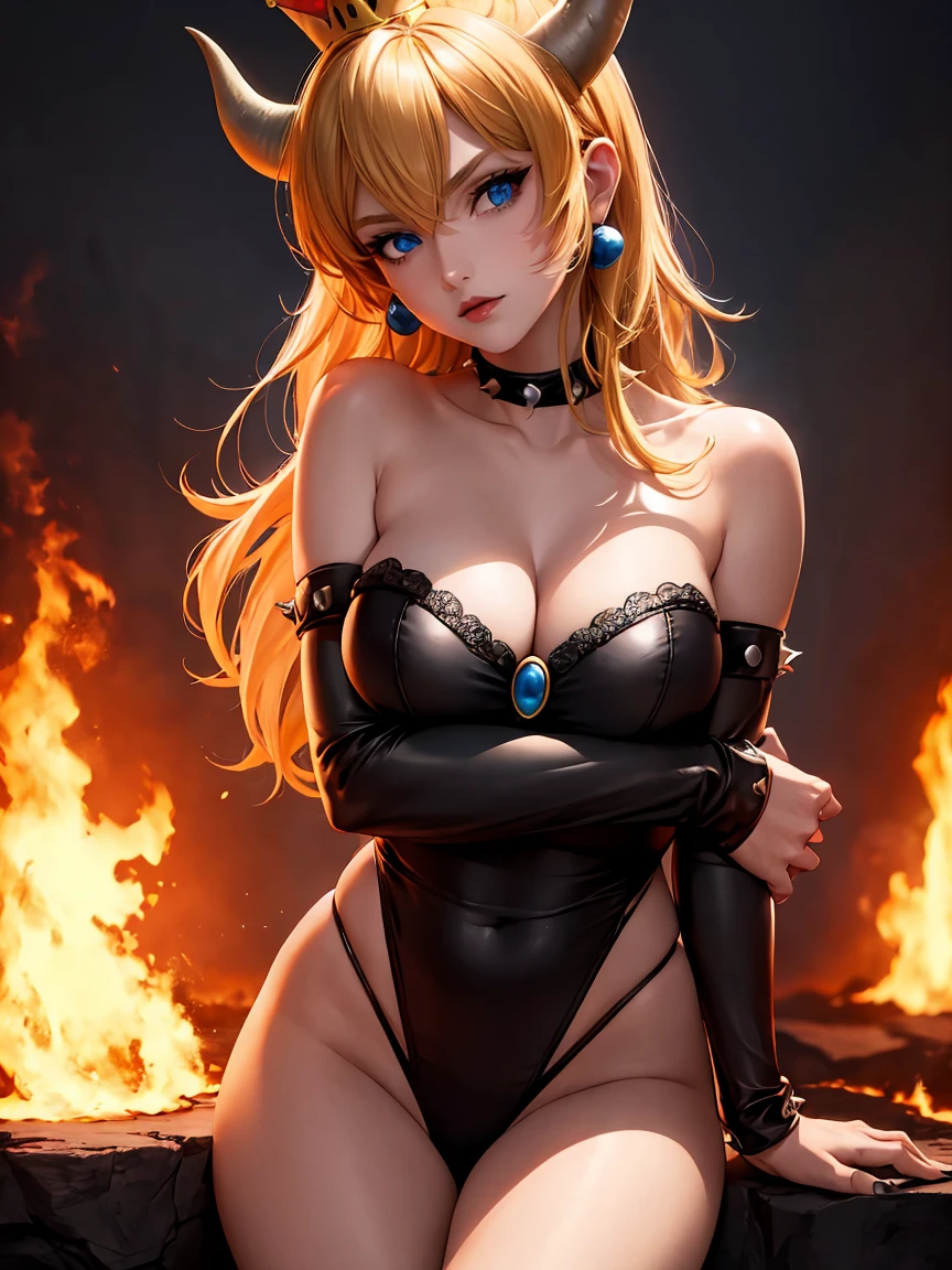 ((high detailed, best quality, 4k, masterpiece, hd:1.3)), ((best quality)), (((HD))), (((8k))), (ultraDH), (ultra HD), Princess Daisy, blue eyes, BREAK blue eyes, seductive, attractive, smooth anime cg art, 36C breasts, long legs, vivid colors, detailed digital art, slim body, perfect skin, dark blonde hair, long hair, blonde hair, blonde hair, BREAK crown, cleavage, 36C cleavage, looking at viewer, BREAK looking at viewer, extremely detailed face, red santa suit, red santa claus suit, santa claus suit, earrings, gem, dark black makeup lips, dark gothic eyeshadows, dark eyeshadows, black eyeshadows, black sexy lips, black lips, (dark:1.2), dark lips, very dark lips, (perfect hands, perfect anatomy), black makeup, black medium lips, black thick lips, detailed fingers, five fingers per hand, 5 fingers, (1 girl), detailed lips, detailed black lips, black painted lips, gothic painted lips, BREAK night, night sky, (breast focus), (arms outstreched:1.2), (from above:1.1), (breasts out:1.3), (off shoulder:1.1), (white horns), (bra), inside a lava castle, she inside a sea of lava, she bathing in lava,
