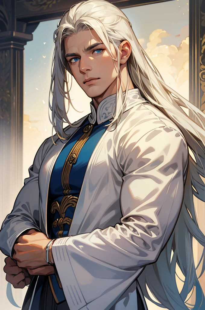 Tall, handsome, courageous, large, broad-shouldered, muscular, athletic young man, long straight hair, platinum blond with blue eyes, tanned skin, he has long straight platinum hair, he is dressed in a white tunic with dark blue patterns and white trousers. Masterpiece, detailed study of the face, beautiful face, beautiful facial features, perfect image, realistic shots, detailed study of faces, full-length image, 8k, detailed image, extremely detailed illustration, a real masterpiece of the highest quality, with careful drawing.