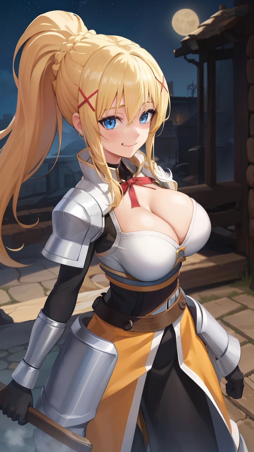 highest quality, High resolution, One girl, Long Hair, Blonde, x hair ornaments, armor, blue eyes, ponytail, hair ornaments, gloves, shoulder armor, Braiding, black gloves, Scapula, White boots, darkness \(KonoSuba\), ((Large Breasts)), ((Huge breasts)), Cowboy Shot, Dark city alleys , smile,