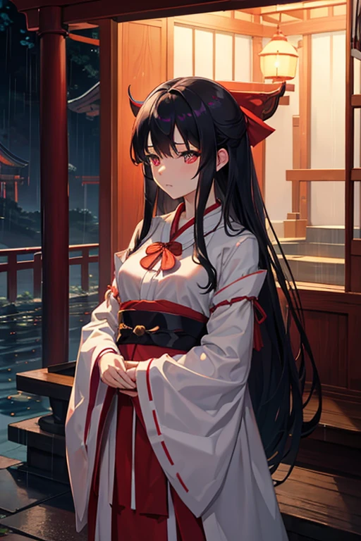 Shrine maiden, shrine, night, rain, Black Hair, long, beautiful girl, Medium chest