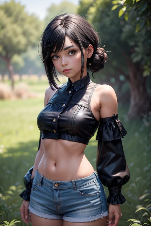obra maestra, mejor calidad, trabajo de renderizado 3d, estilo 3DMM, de cerca, retrato, 3D, 1 chica, 1 chica, sola, hermosa, soldado arrodillado, de espaldas al espectador. En el campo de batalla. Cansado. Cuerpo muy sucio, sucio con polvo. Short cortos de mujer, top corto de mujer, con ropa rota, restos de ropa. Sudor, cuerpo sudoroso, gotas de sudor. Suelas sucias. Pelo negro largo, pelo negro, realista. Tifa Lockhart. (small breasts, escote visible). Mostrando hermoso cuerpo.