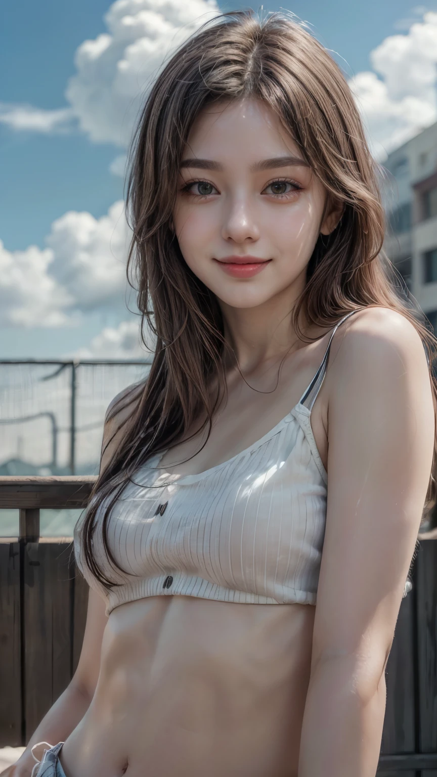 (8k, highest quality, masterpiece:1.2), (Realistic, photo-Realistic:1.37), Very detailed, 1 girl,cute, alone,Beautifully detailed skies,Date,(Red nose),(smile:1.15),(Mouth closed) Small breasts,Beautiful fine details, (Long Hair:1.2),Floating Hair NovaFrogStyle, Upper Body, Tank top