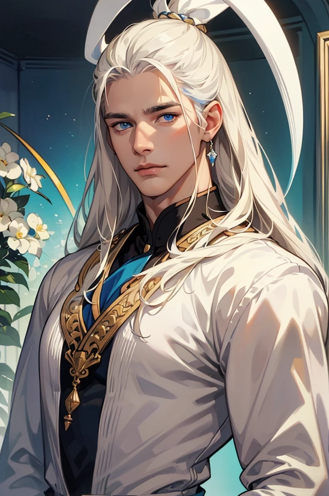 Tall, handsome, courageous, large, broad-shouldered, muscular, athletic young man, long straight hair, platinum blond with blue eyes, tanned skin, he has long straight platinum hair, he is dressed in a white tunic with dark blue patterns and white trousers. Masterpiece, detailed study of the face, beautiful face, beautiful facial features, perfect image, realistic shots, detailed study of faces, full-length image, 8k, detailed image, extremely detailed illustration, a real masterpiece of the highest quality, with careful drawing.