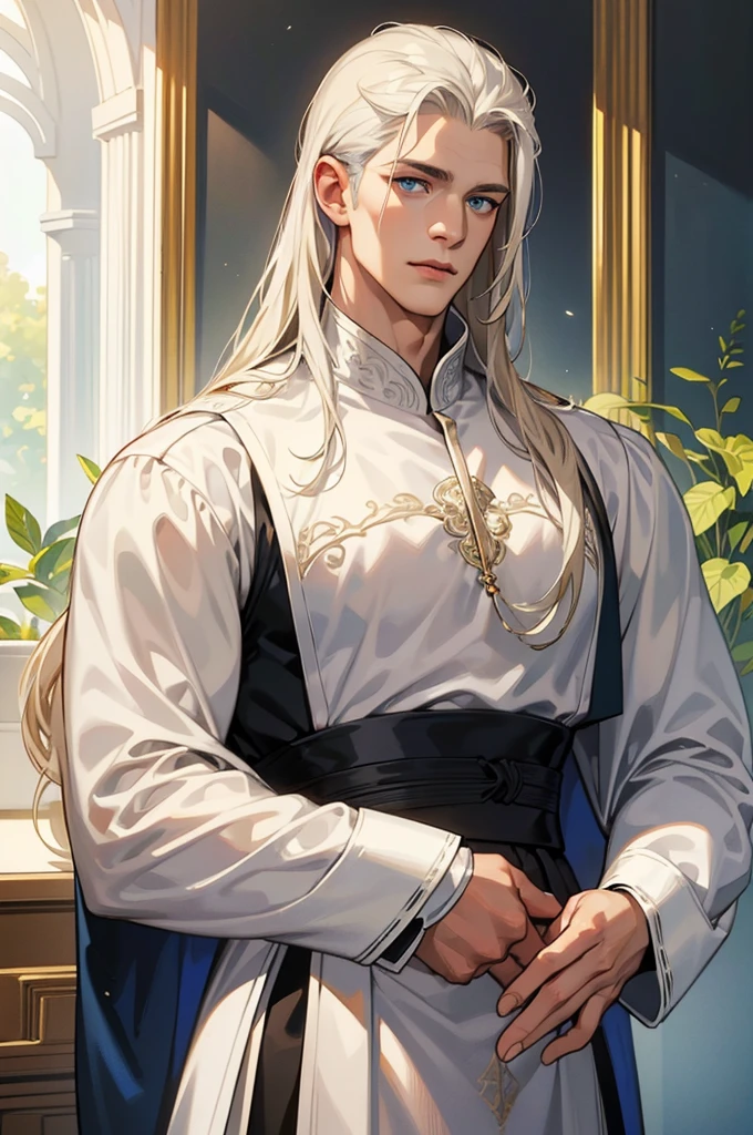 Tall, handsome, courageous, large, broad-shouldered, muscular, athletic young man, long straight hair, platinum blond with blue eyes, tanned skin, he has long straight platinum hair, he is dressed in a white tunic with dark blue patterns and white trousers. Masterpiece, detailed study of the face, beautiful face, beautiful facial features, perfect image, realistic shots, detailed study of faces, full-length image, 8k, detailed image, extremely detailed illustration, a real masterpiece of the highest quality, with careful drawing.