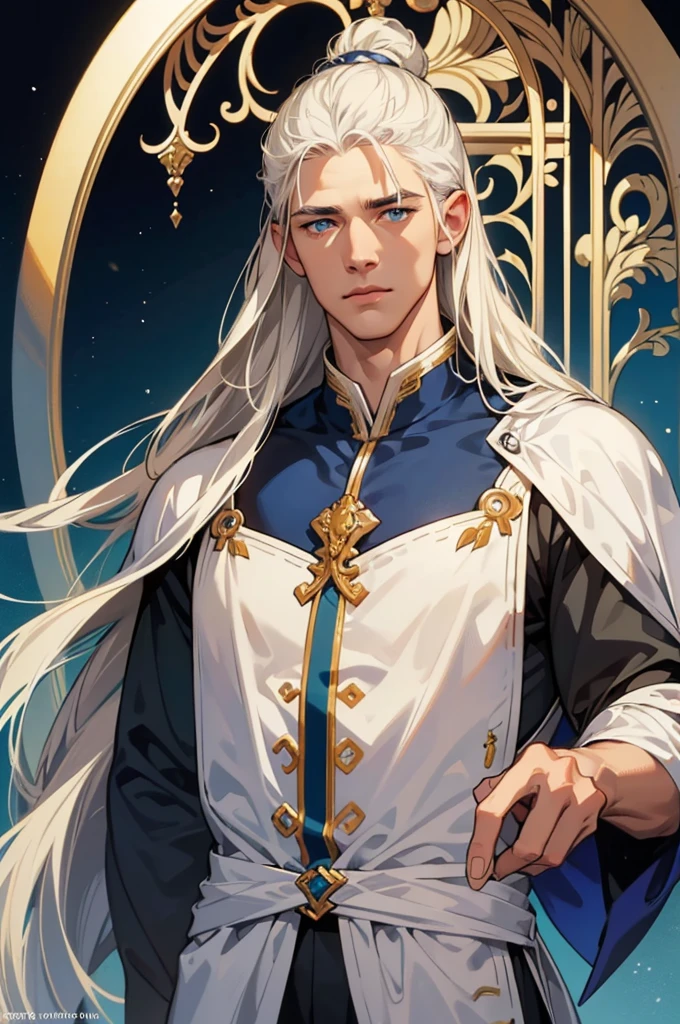 Tall, handsome, courageous, large, broad-shouldered, muscular, athletic young man, long straight hair, platinum blond with blue eyes, tanned skin, he has long straight platinum hair, he is dressed in a white tunic with dark blue patterns and white trousers. Masterpiece, detailed study of the face, beautiful face, beautiful facial features, perfect image, realistic shots, detailed study of faces, full-length image, 8k, detailed image, extremely detailed illustration, a real masterpiece of the highest quality, with careful drawing.