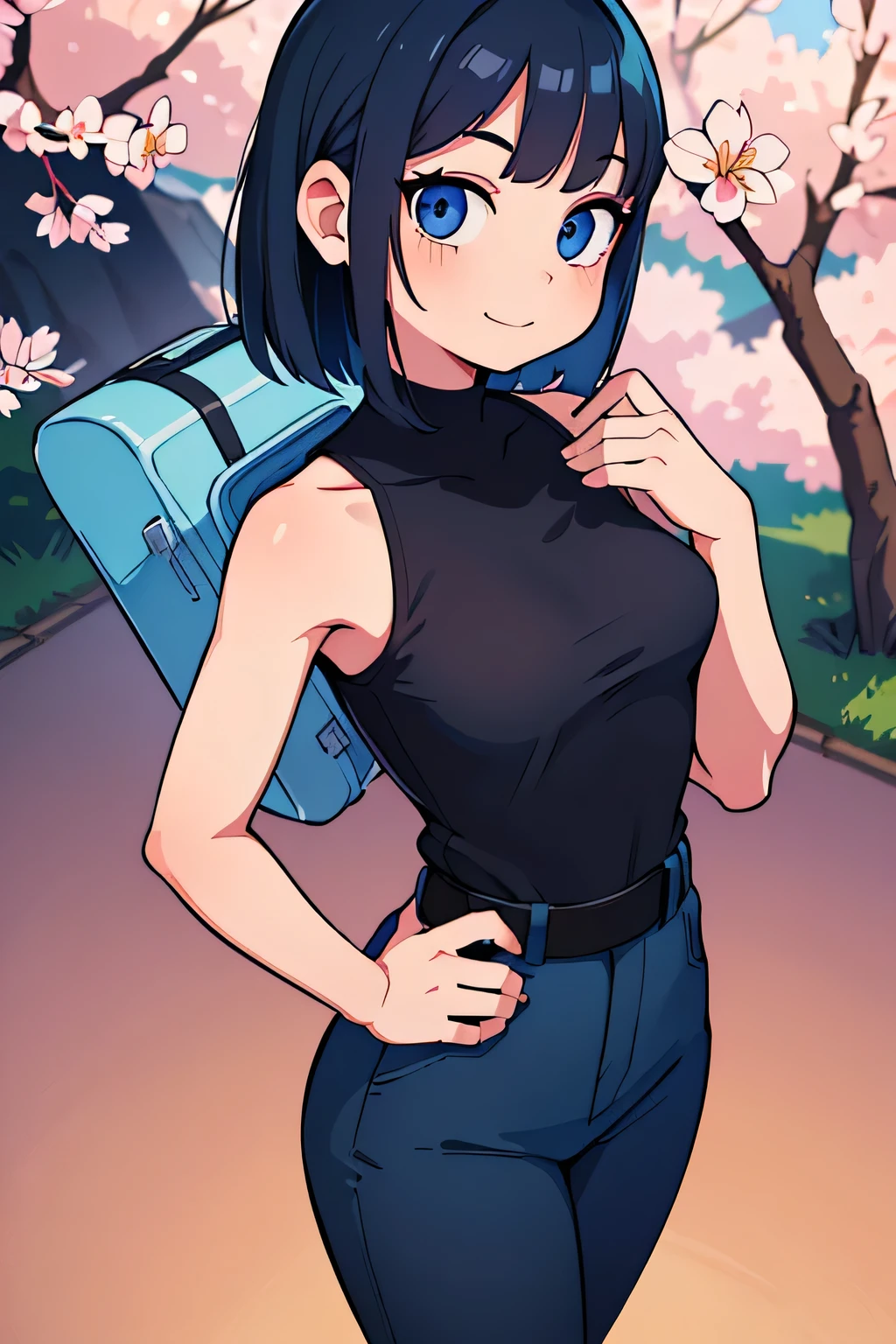 (Ultra bright color, Masterpiece, Best quality, blossom, Warm, soft light, modern, Hi-tech), 1 girl, One, standing tall, (travel background:1.4), black T-shirt without print, beautiful detailed face, slight smile, (blue) Medium hair, (detailed (blue) Ruby eyes), young, small breasts