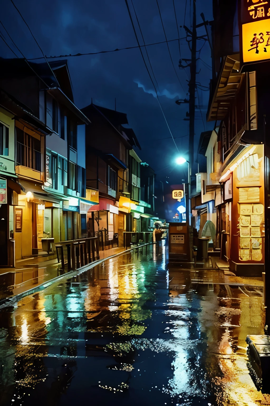 highest quality、night、town、rain、The scenery reflected in the town lights、beautiful
