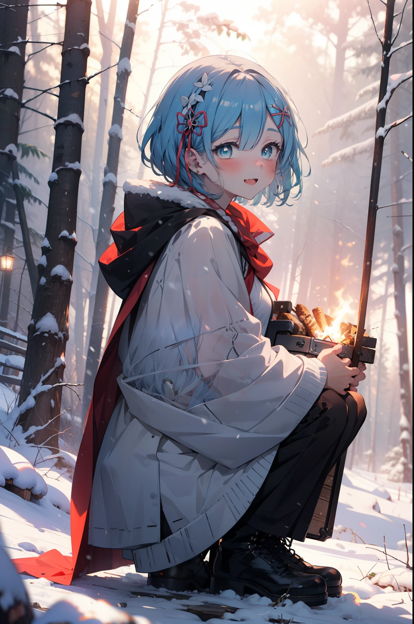 rezeroRem, Rem, blue eyes, Blue Hair, hair ornaments, Hair on one eye, hair ribbon, short hair, x hair ornaments,smile,blush,White Breath,
Open your mouth,snow,Ground bonfire, Outdoor, boots, snowing, From the side, wood, suitcase, Cape, Blurred, having meal, forest, White handbag, nature, Squat, Mouth closed, Cape, winter, Written boundary depth, Black shoes, red Cape break looking at viewer, Upper Body, whole body, break Outdoor, forest, nature, break (masterpiece:1.2), highest quality, High resolution, unity 8k wallpaper, (shape:0.8), (Beautiful and beautiful eyes:1.6), Highly detailed face, Perfect lighting, Highly detailed CG, (Perfect hands, Perfect Anatomy),