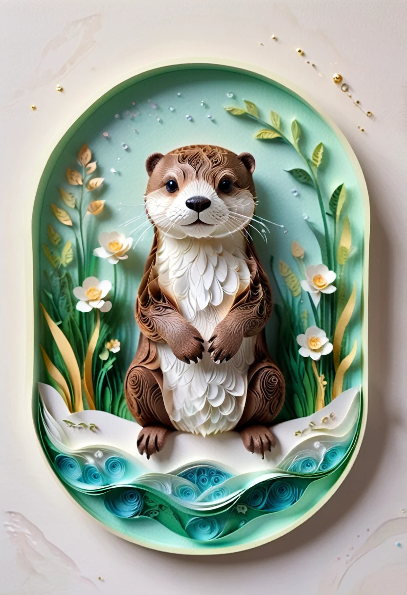 (paper art,layered paper art,Roll paper,Decoupage,Paper carving),Intricate details, Lifelike Otter,，Simple background,  (soft light, Bokeh)