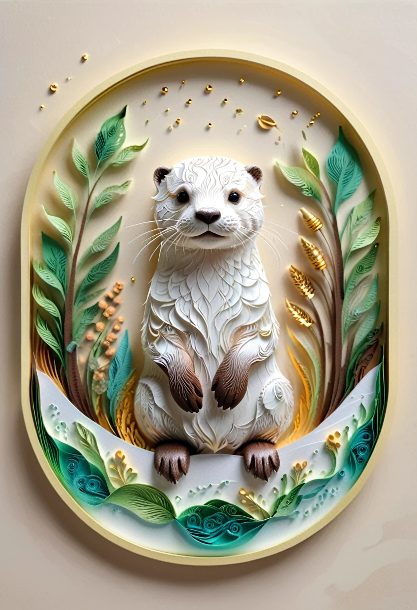 (paper art,layered paper art,Roll paper,Decoupage,Paper carving),Intricate details, Lifelike Otter,，Simple background,  (soft light, Bokeh)