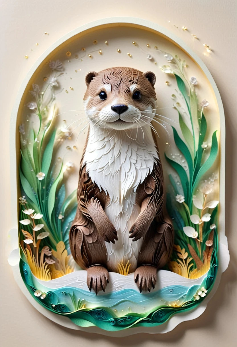 (paper art,layered paper art,Roll paper,Decoupage,Paper carving),Intricate details, Lifelike Otter,，Simple background,  (soft light, Bokeh)