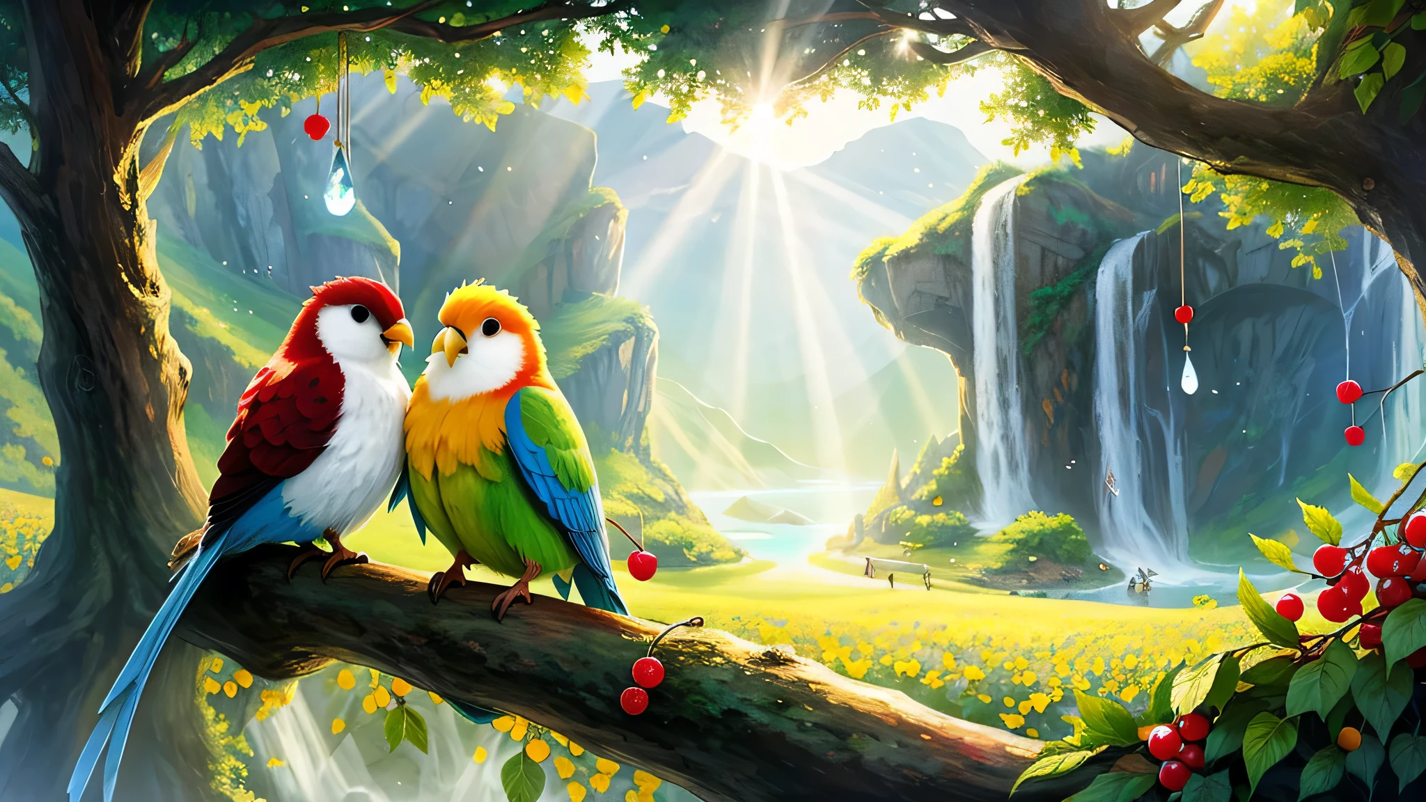 （（tmasterpiece：1.3，concept-art，best qualtiy）），Very cute and attractive anthropomorphic love birds，only two lovebirds, love moments, looking at viewert，Hefty Smile，cheerfulness，the fruits，berries，water dripping，Macro，rays of sunshine，Fantasyart，dynamic compositions，dramatic  lighting，Epic reality，award-winning illustrations，