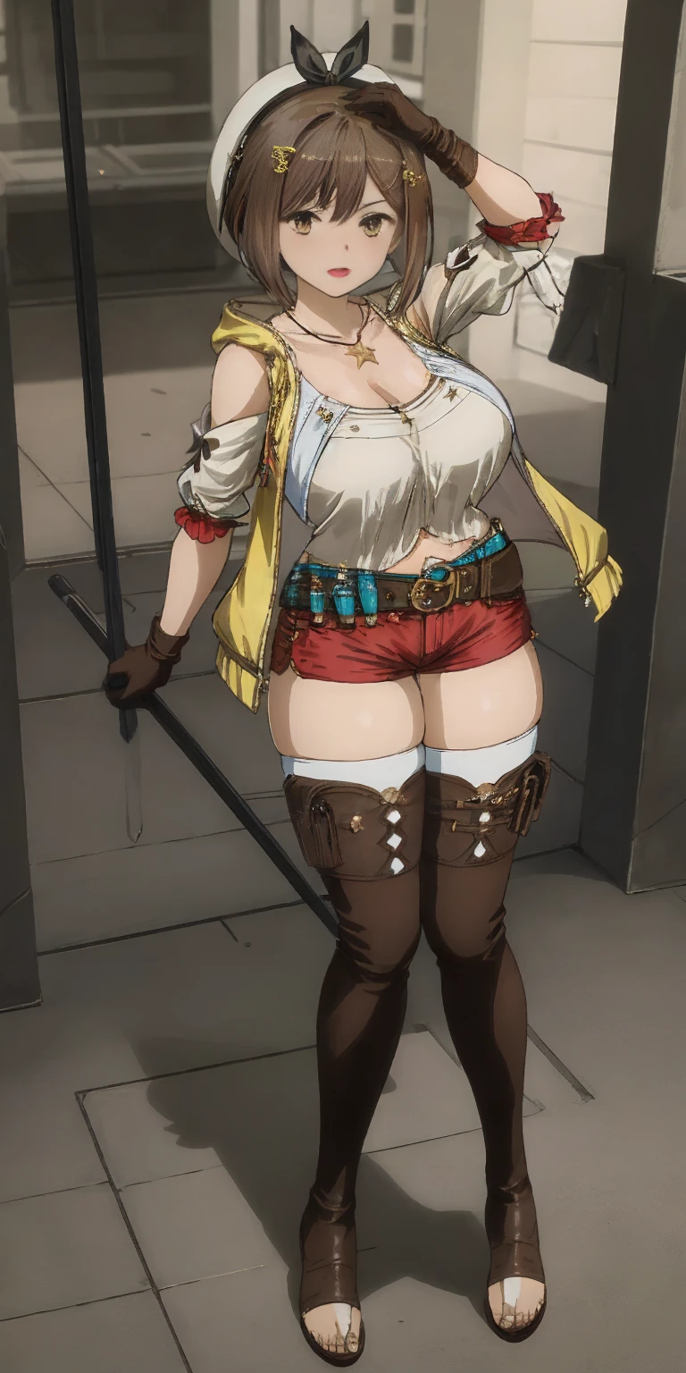 (Masterpiece, beautiful, huge breasts:1.3) (mature female:1.4) full body, illustration of ((Ryza)) 1girl, solo, shorts, gloves, belt, hat, head ribbon, jewelry, red shorts, brown hair, thigh highs, short shorts, bridal legwear, necklace, brown eyes, single glove, hair ornament, hairclip, star necklace, toeless footwear, leather, star (symbol) white headwear, brown gloves, boots, short hair, thighs, leather belt, brown belt, leather gloves, jacket, blue belt, navel, thigh boots, sleeveless jacket, thigh pouch, white thigh highs, collarbone, yellow jacket, brown footwear, cleavage, large breasts.