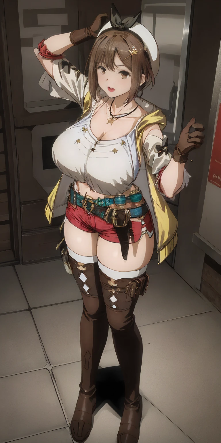 (Masterpiece, beautiful, huge breasts:1.3) (mature female:1.4) full body, illustration of ((Ryza)) 1girl, solo, shorts, gloves, belt, hat, head ribbon, jewelry, red shorts, brown hair, thigh highs, short shorts, bridal legwear, necklace, brown eyes, single glove, hair ornament, hairclip, star necklace, toeless footwear, leather, star (symbol) white headwear, brown gloves, boots, short hair, thighs, leather belt, brown belt, leather gloves, jacket, blue belt, navel, thigh boots, sleeveless jacket, thigh pouch, white thigh highs, collarbone, yellow jacket, brown footwear, cleavage, large breasts.