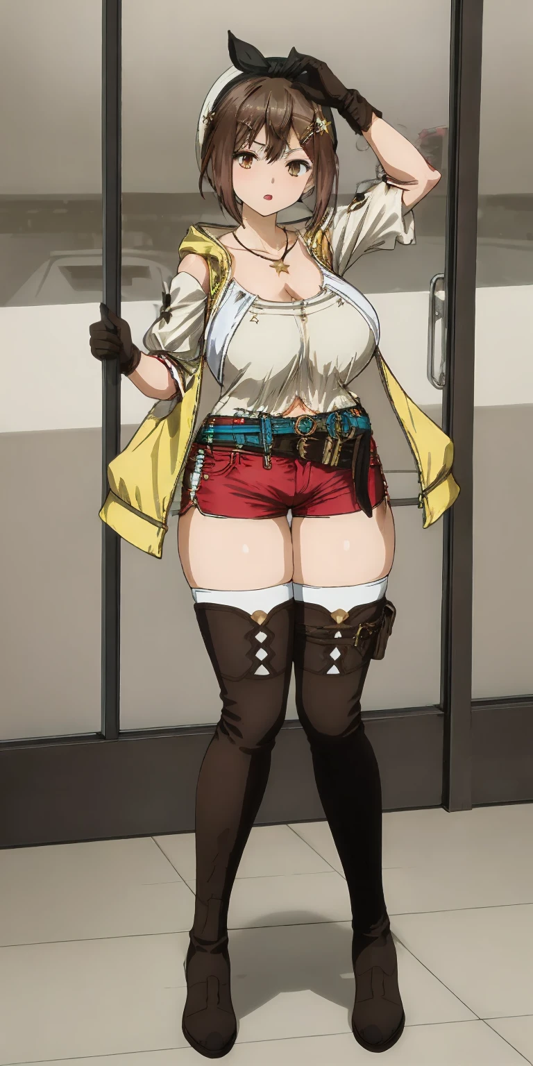 (Masterpiece, beautiful, huge breasts:1.3) (mature female:1.4) full body, illustration of ((Ryza)) 1girl, solo, shorts, gloves, belt, hat, head ribbon, jewelry, red shorts, brown hair, thigh highs, short shorts, bridal legwear, necklace, brown eyes, single glove, hair ornament, hairclip, star necklace, toeless footwear, leather, star (symbol) white headwear, brown gloves, boots, short hair, thighs, leather belt, brown belt, leather gloves, jacket, blue belt, navel, thigh boots, sleeveless jacket, thigh pouch, white thigh highs, collarbone, yellow jacket, brown footwear, cleavage, large breasts.