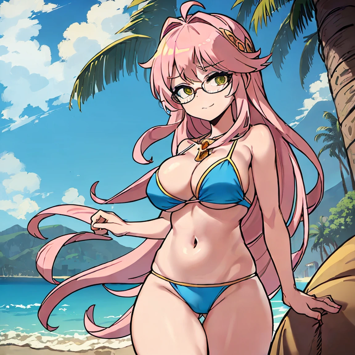 (masterpiece, best quality:1.2), cowboy shot, (solo), (1girl):1.5, glasses, long fluffy pink hair, hair blowing, gorgeous body, wide hips, slight smile, (sexy swimswit), navel exposed, belly, gorgeous big breasts, breasts niples, (cameltoe), in front a palms in a windy beach, view form sea to beach.