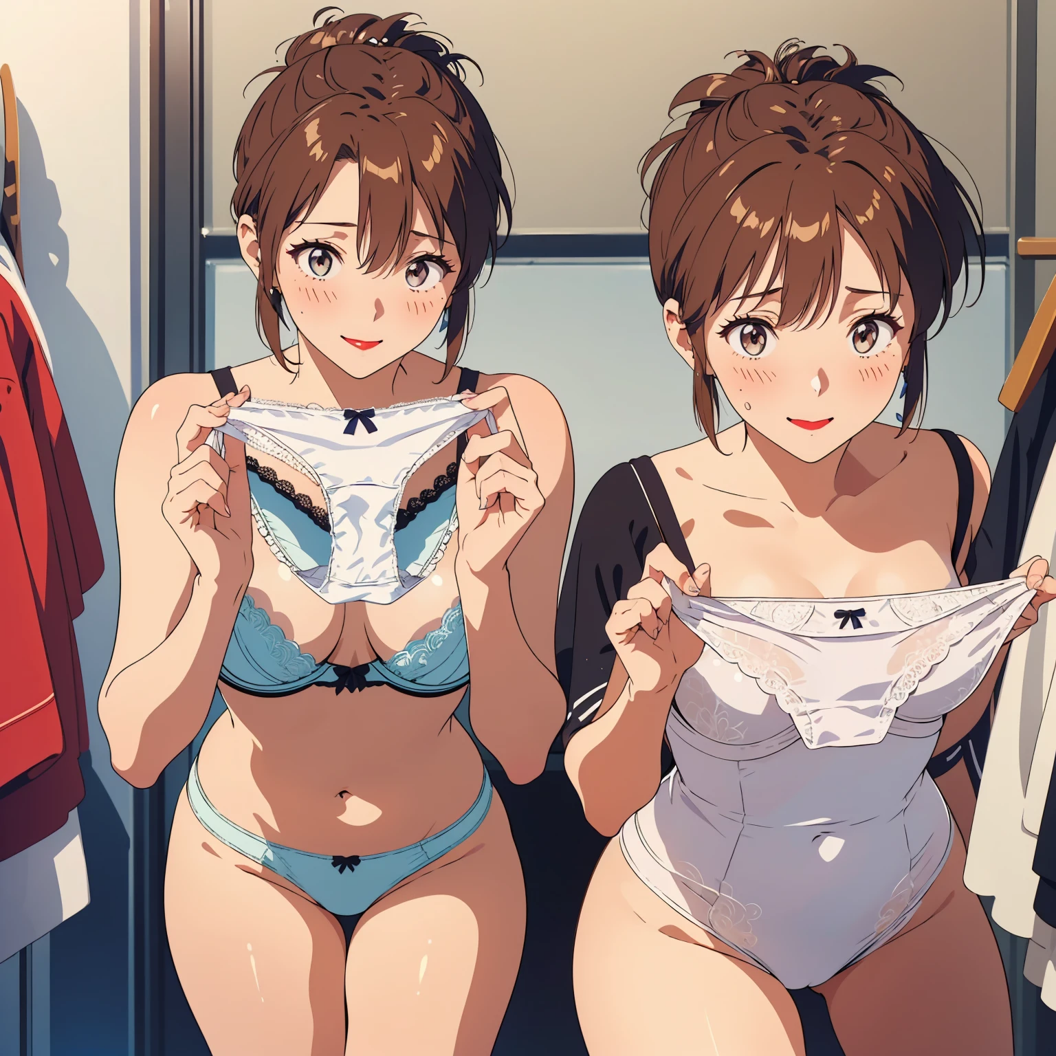 masterpiece, top quality, ultra detailed, ((((AIKA_SUMERAGI, folded ponytail, best anatomy, in underwear, (white panties, elaborately designed luxury panties for adults, panties high definition images, draw panties with super precision), lace trimmed bra, extremely detailed texture, earrings, red lip, embarrassed, blush, smile)))), cowboy shot, (((underwear in dressing room))), white skin, (presenting panties)
