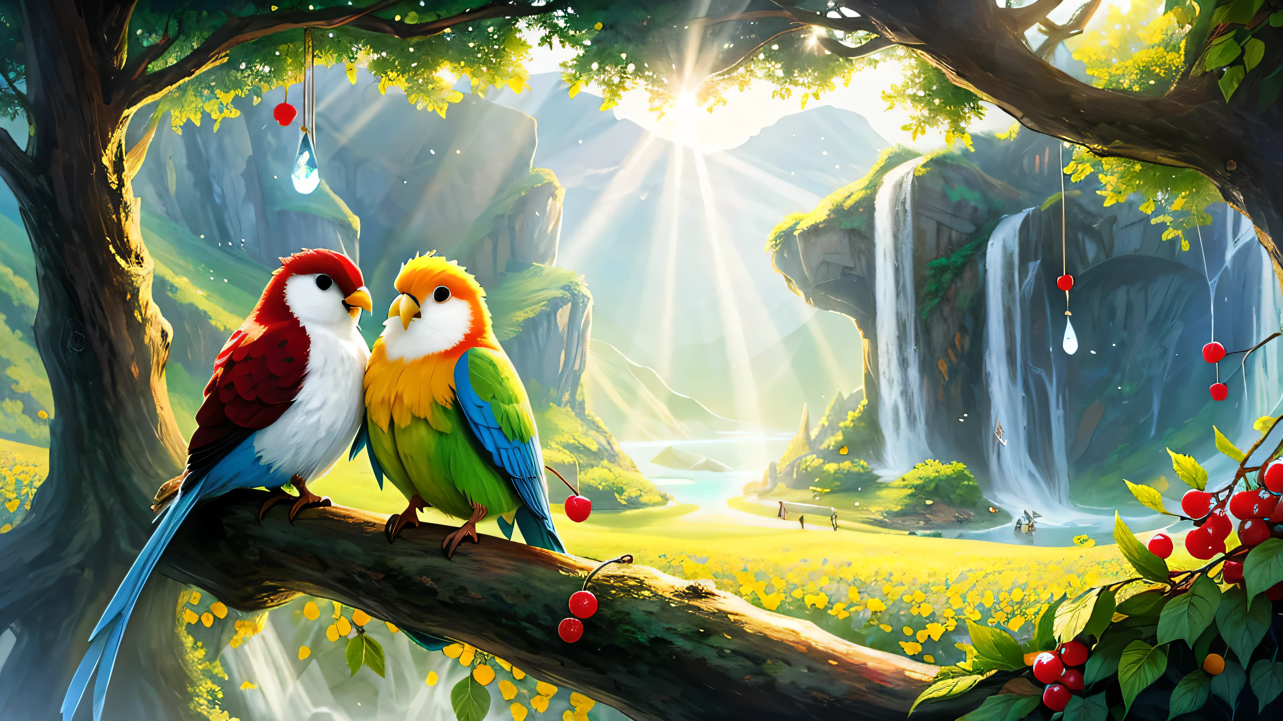 ((tmasterpiece:1.3,concept-art,best qualtiy)),Very cute and attractive anthropomorphic love birds,only two lovebirds, love moments, looking at viewert,Hefty Smile,cheerfulness,the fruits,berries,water dripping,Macro,rays of sunshine,Fantasyart,dynamic compositions,dramatic lighting,Epic reality,award-winning illustrations,