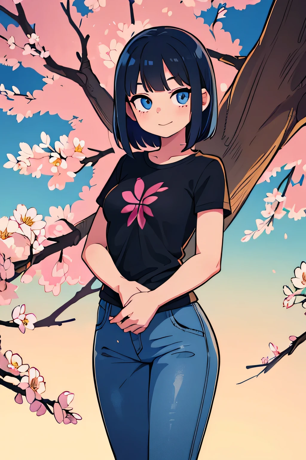 (Ultra bright color, Masterpiece, Best quality, blossom, Warm, soft light, modern, Hi-tech), 1 girl, One, standing tall, (travel background:1.4), black T-shirt without print, beautiful detailed face, slight smile, (blue) Medium hair, (detailed (blue) Ruby eyes), young, small breasts