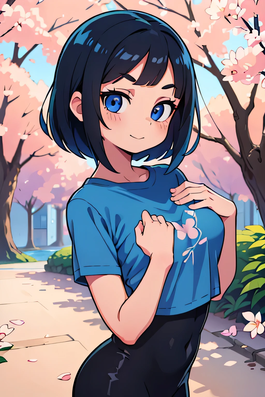 (Ultra bright color, Masterpiece, Best quality, blossom, Warm, soft light, modern, Hi-tech), 1 girl, One, standing tall, (background:1.4), black T-shirt without print, beautiful detailed face, slight smile, (blue) Medium hair, (detailed (blue) Ruby eyes), young, small breasts, VERY VERY big ass