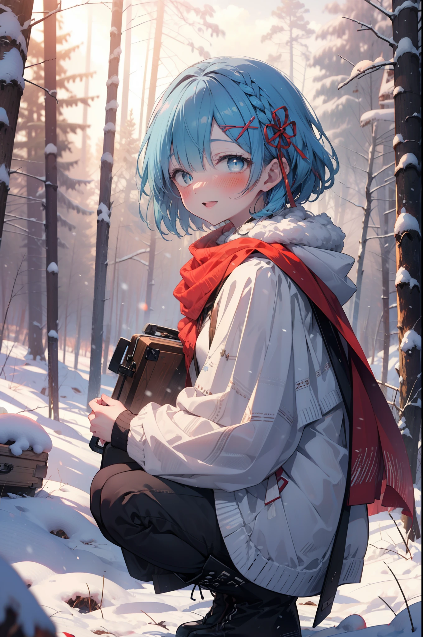 rezeroRem, Rem, blue eyes, Blue Hair, hair ornaments, Hair on one eye, hair ribbon, short hair, x hair ornaments,smile,blush,White Breath,
Open your mouth,snow,Ground bonfire, Outdoor, boots, snowing, From the side, wood, suitcase, Cape, Blurred, having meal, forest, White handbag, nature, Squat, Mouth closed, Cape, winter, Written boundary depth, Black shoes, red Cape break looking at viewer, Upper Body, whole body, break Outdoor, forest, nature, break (masterpiece:1.2), highest quality, High resolution, unity 8k wallpaper, (shape:0.8), (Beautiful and beautiful eyes:1.6), Highly detailed face, Perfect lighting, Highly detailed CG, (Perfect hands, Perfect Anatomy),