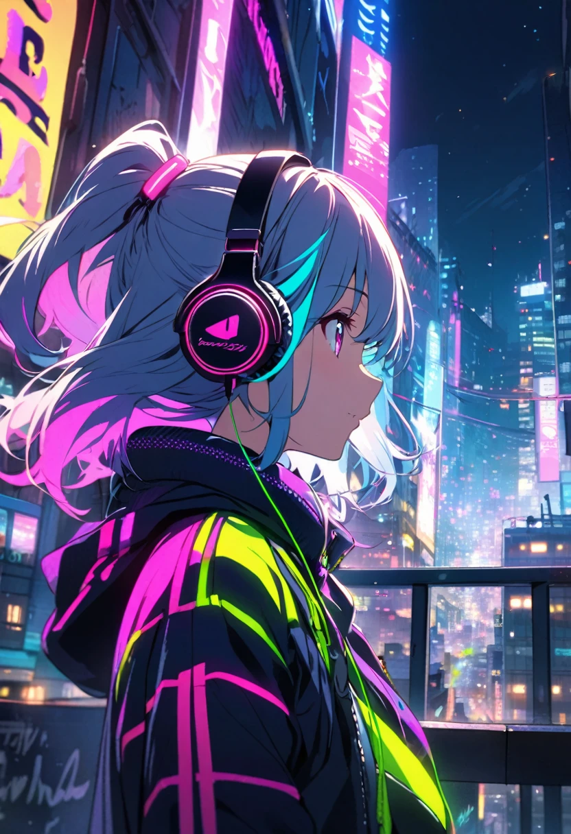 Anime Girl, listening to music, vibrant, neon, cityscape, night
