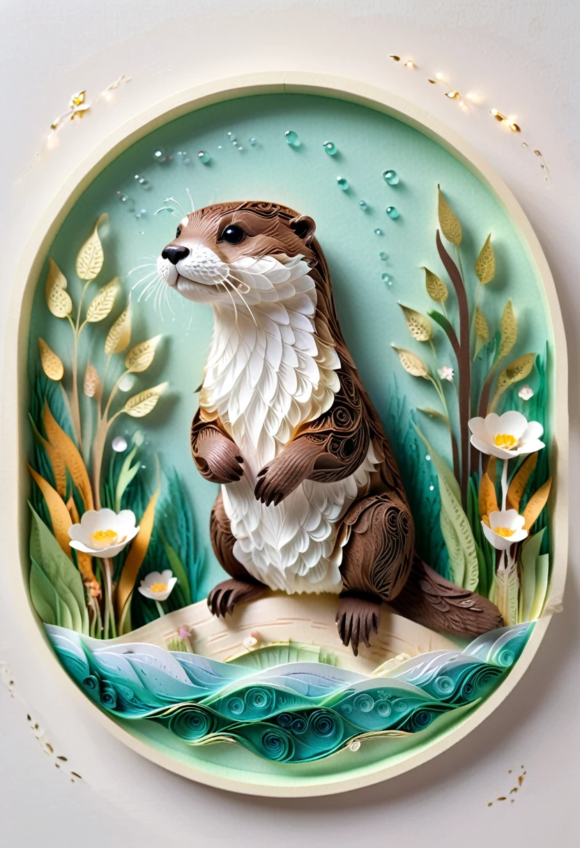 (paper art,layered paper art,Roll paper,Decoupage,Paper carving),Intricate details, Lifelike Otter,，Simple background,  (soft light, Bokeh)