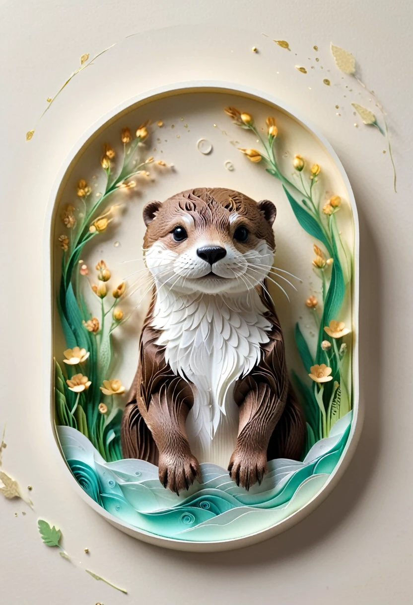 (paper art,layered paper art,Roll paper,Decoupage,Paper carving),Intricate details, Lifelike Otter,，Simple background,  (soft light, Bokeh)