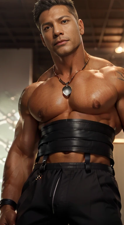 Mature male,45 yers old,short detailed hair,Slag,musculous,vast pecs,Wide shoulders,Thick chest,Huge crotch bulge,leather harness,Skinny leather shorts,Suspenders,torn laundry,Bare pectoral muscles,dog tags,anklet,Indecent expressions,Indecent pose,Male gaze,tmasterpiece,High- sharpness,high detal,full bodyesbian,in a panoramic view,