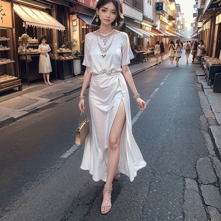 highest quality, Very detailed, masterpiece, 1 person,woman,(((完璧なwomanの体))),Very beautiful face, Very beautiful body,Gentle expression, Very beautiful eyes,(Perfect Makeup:1.1), (((Very beautiful fine hair))),Short Bob Hair,Shaggy Hair,hair color,white-blue hair:1.3, Very thin body,Smart Abs,Silk cotton long dress,Traditional Japanese Pattern,necklace,anklet,Elegant sandals,A kind smile,Full body portrait,(Street background:1.3), (Shiny skin),(Earrings),