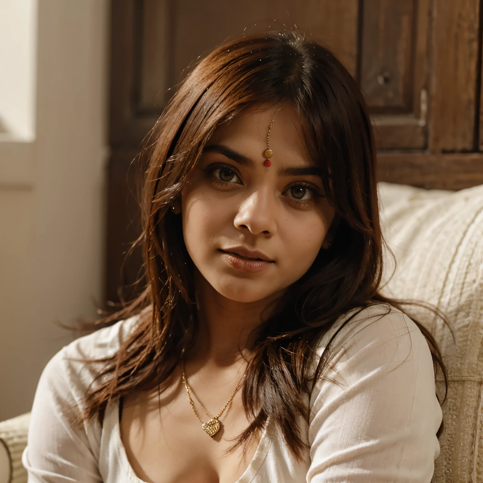 Girl on phyllet background, looks, Full face, furniture nearby, the girl&#39;s face is clearly visible, 8 k 